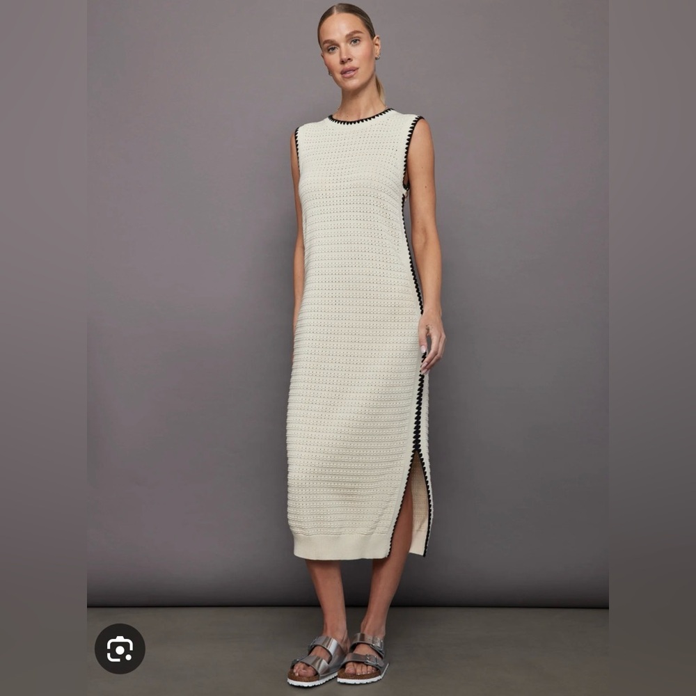 Varley Dwight Tank Knit Dress Cream Black Trim Cotton Midi Minimalist - Picture 12 of 12